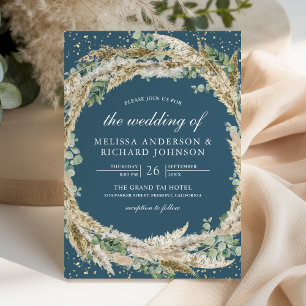 Convites Coroa de Eucalipto Pampas Azul Empoeirado Casament