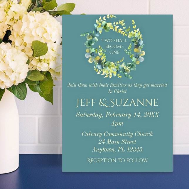 Convites Coroa de Eucalipto Verde Casamento Dois se Tornam  (Eucalyptus Greenery Wedding Wreath Two Shall Become One Invitation
)