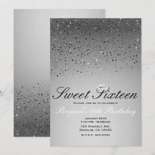 Convites Coroa de festa Sweet 16 com brilho prateado cintil
