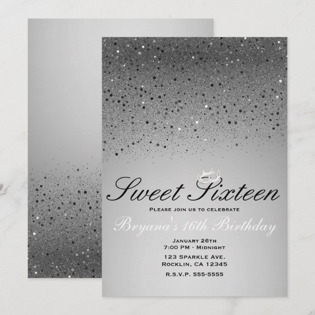 Convites Coroa de festa Sweet 16 com brilho prateado cintil (Frente/Verso)