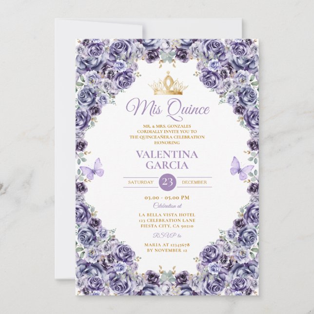 Convites Coroa de Flor de Quinze Anos Roxo Claro Dourada (Frente)