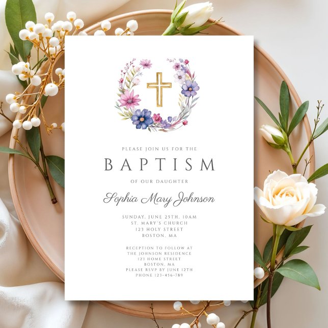 Convites Coroa de Flor Silvestre Elegante Batismo de Menina (Elegant Wildflower Wreath Girl Baptism Invitation)