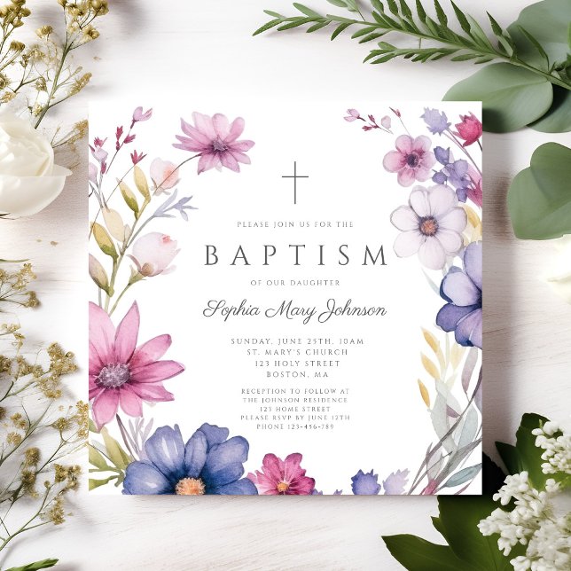 Convites Coroa de Flor Silvestre Elegante Batismo de Menina (Elegant Wildflower Wreath Girl Baptism Invitation)