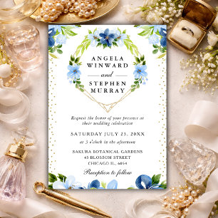 Convites Coroa de Flores Azuis e Navy Coração Casamento