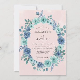 Convites Coroa de Flores Azul Verde para Casamento