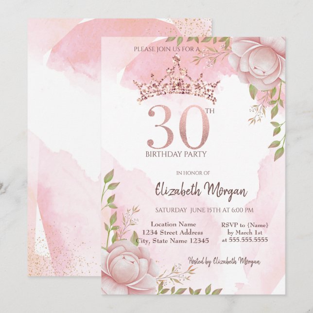 Convites Coroa de Flores Boho Aquarela Aniversário de 30 an (Frente/Verso)