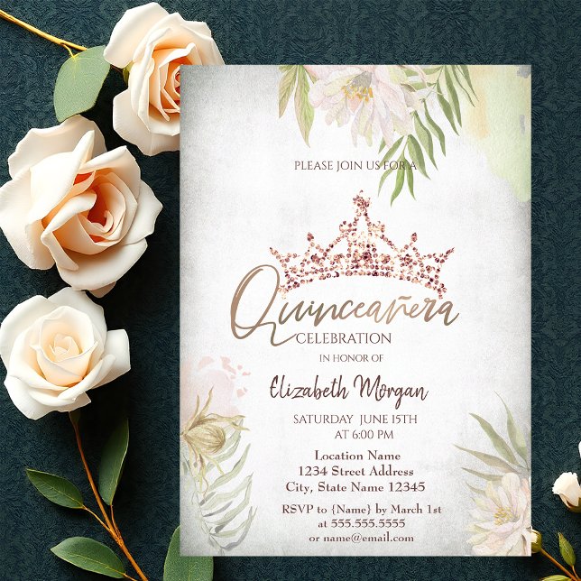 Convites Coroa de Flores Brilho Boho Quinceañera (Criador carregado)