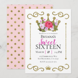 Convites Coroa de Flores com Brilho Dourado Festa Doce 16