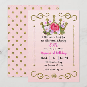 Convites Coroa de Flores com Brilho Dourado Pontos Rosa 1º 