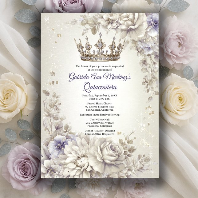 Convites Coroa de Flores de Lavanda Prata Quinceañera (Lavender Silver Crown Floral Quinceañera Invitation
)