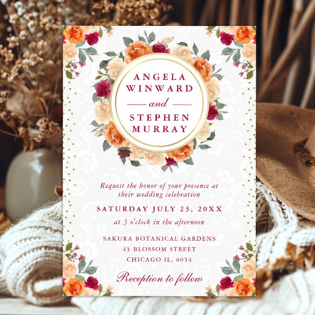 Convites Coroa de Flores de Outono Vermelhas e Laranja Casa (Criador carregado)