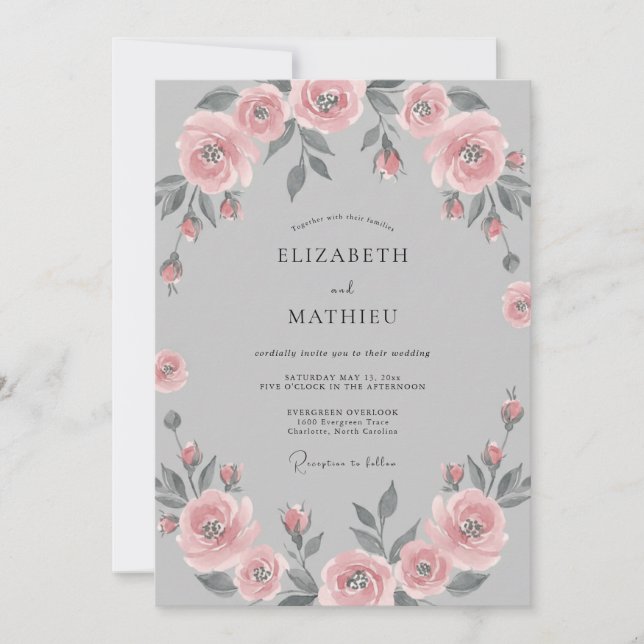 Convites Coroa de Flores Românticas Blush para Casamento (Frente)