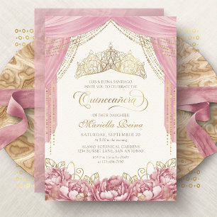 Convites Coroa de Flores Rosa Bege Quinceanera
