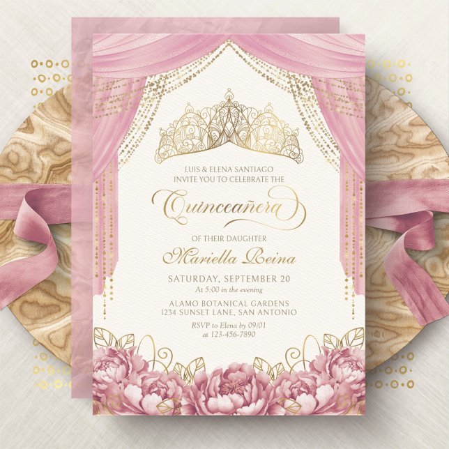 Convites Coroa de Flores Rosa Bege Quinceanera (Criador carregado)