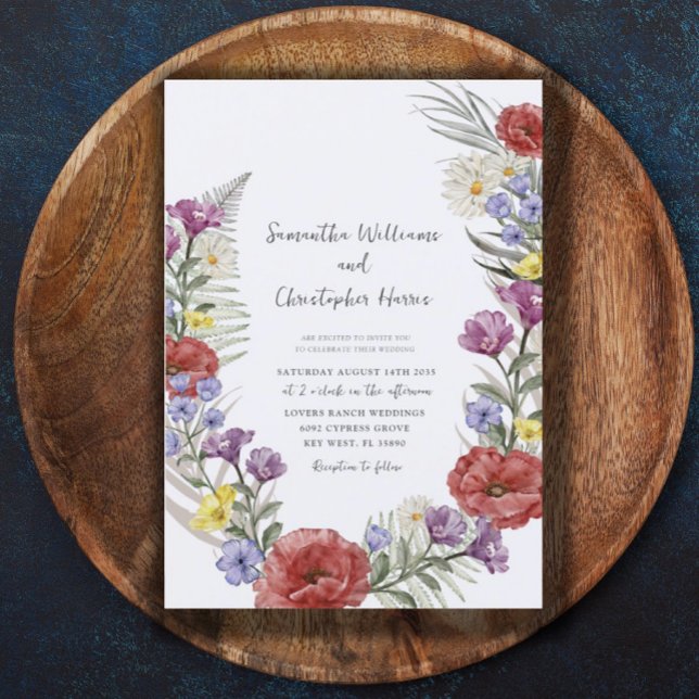 Convites Coroa de Flores Silvestres Boho Aquarela Casamento (Criador carregado)