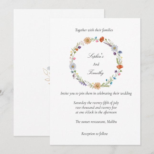 Convites Coroa de flores silvestres em aquarela casamento  (Frente/Verso)
