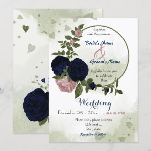 Convites coroa de flores verde naval rosa casamento
