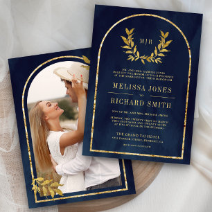 Convites Coroa de Folhas de Louro Dourado Casamento Azul Ma