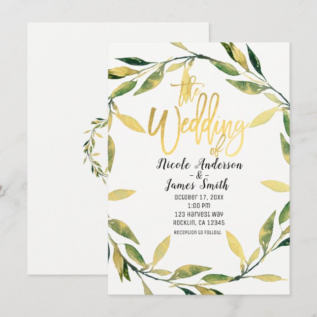 Convites Coroa de Folhas Verde Botânico Dourado Casamento M (Frente/Verso)