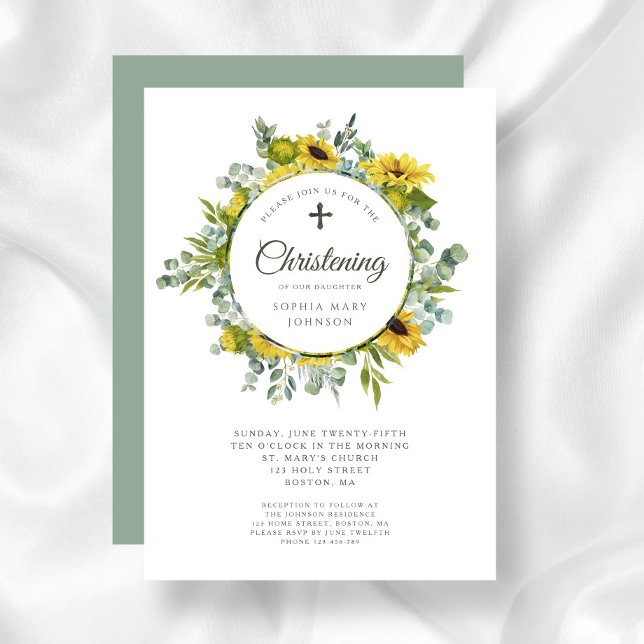 Convites Coroa de Girassóis com Cruz Religiosa para Batizad (Religious Cross Sunflower Wreath Christening Invitation)