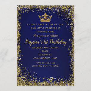 Convites Coroa de Glitter Azul Royal e Dourado Aniversário 