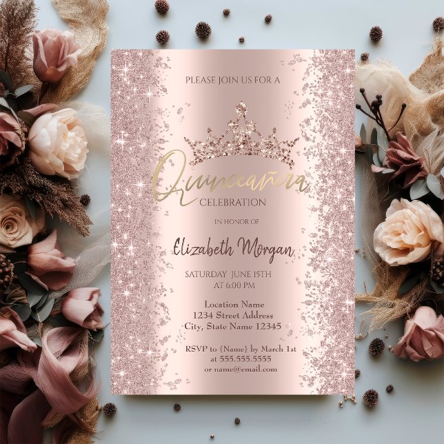 Convites Coroa de Glitter Dourado Rosa Chic para Quinceañer (Criador carregado)