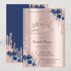 Convites Coroa de Glitter Drop Flores Azuis Quinceañera