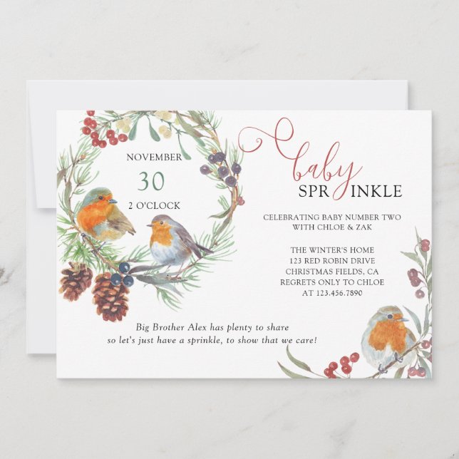 Convites Coroa de Inverno e Robin de Natal Bebê Sprinkle (Frente)