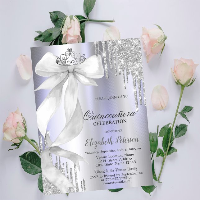 Convites Coroa de Laço Branco Brilho Gotas Violeta Quinceañ (Criador carregado)