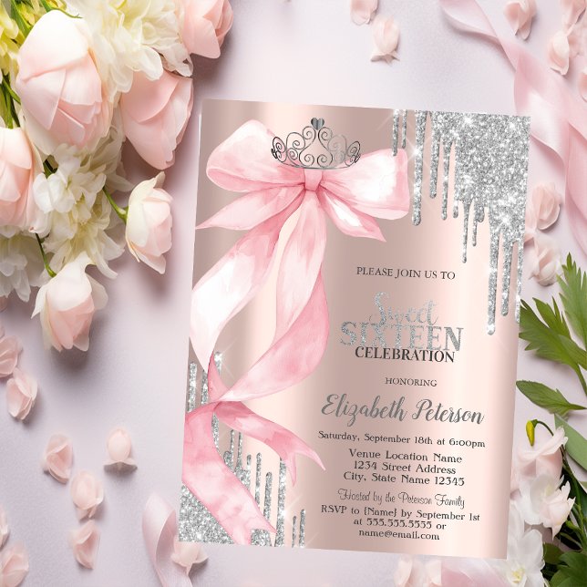 Convites Coroa de Laço Rosa Brilho Gotas Dourado Rosa Doce  (Criador carregado)