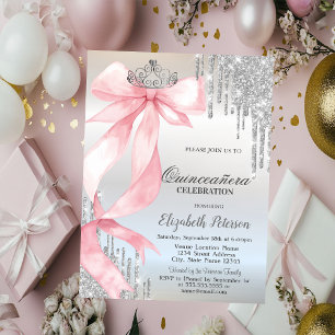 Convites Coroa de Laço Rosa Brilho Goteja Quinceañera Prata