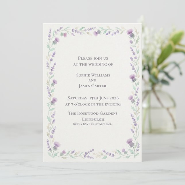 Convites Coroa de Lavanda com Cardo Escocês para Casamento (Em pé/Frente)