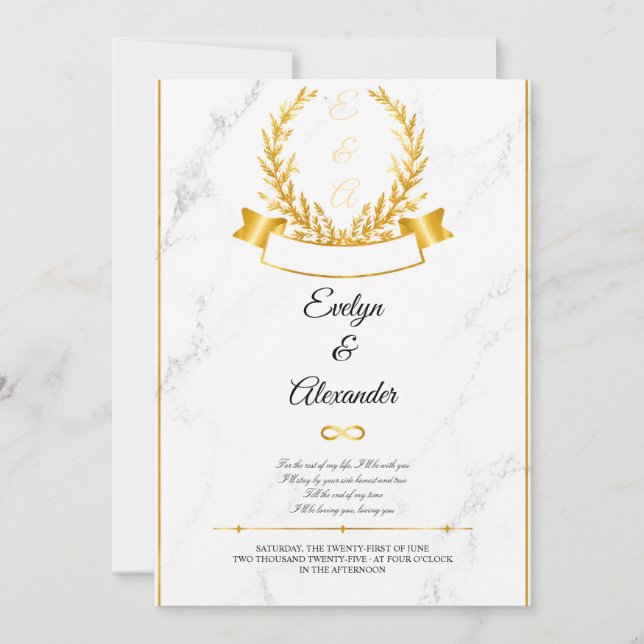 Convites Coroa de Louro Dourado de Luxo Casamento de Mármor (Frente)