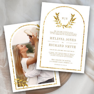 Convites Coroa de Louros Dourada Folhas Brancas Casamento
