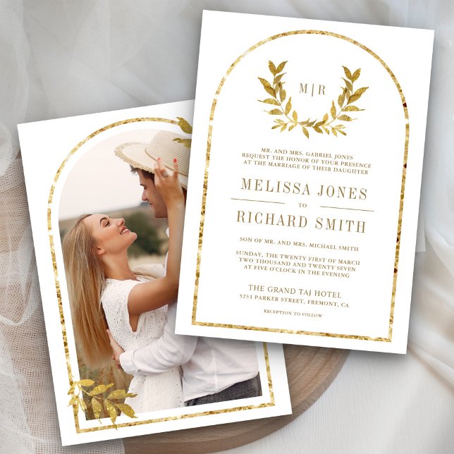 Convites Coroa de Louros Dourada Folhas Brancas Casamento (Criador carregado)