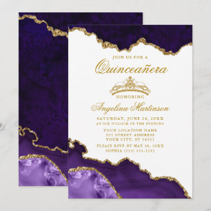 Convites Coroa de Mármore Roxo Dourado de Quinceanera
