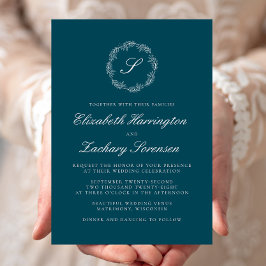 Convites Coroa de Monograma Azul Turquesa Casamento Escrito