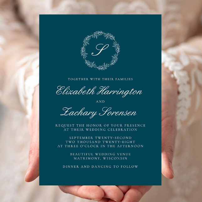 Convites Coroa de Monograma Azul Turquesa Casamento Escrito (Criador carregado)