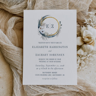 Convites Coroa de Monograma Boho Moon Índigo Casamento