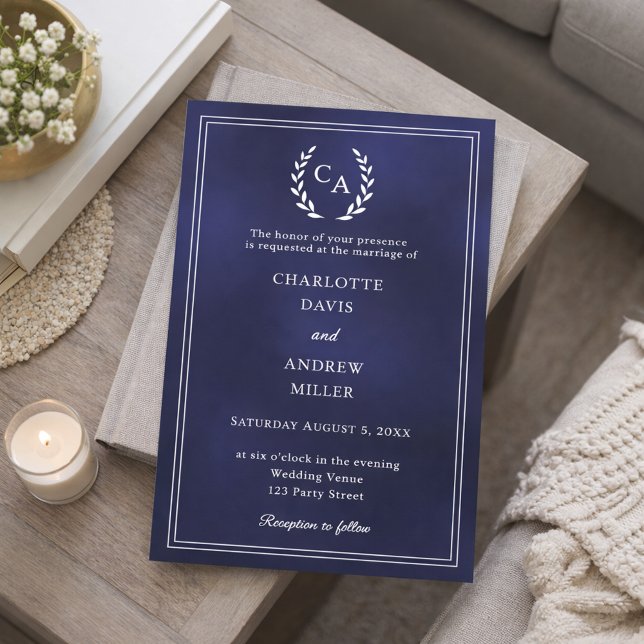 Convites Coroa de monograma de casamento simples azul marin (Criador carregado)