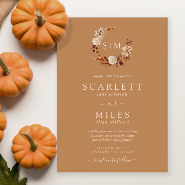 Convites Coroa de Monograma de Terracota de Outono Dourado  (Gold Fall Terracotta Monogram Wreath Wedding Invitation
)
