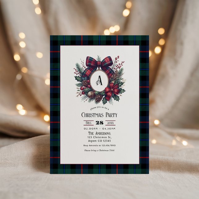 Convites Coroa de Monograma Plaid Vintage Festa de Natal (Monogram Wreath Vintage Plaid Christmas Party Invitation)