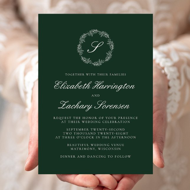 Convites Coroa de Monograma Verde Esmeralda Casamento Scrip (Criador carregado)