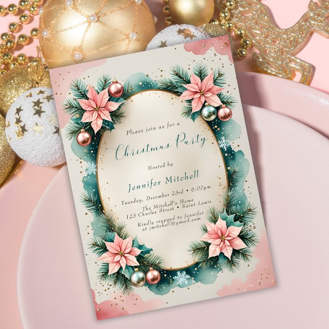 Convites Coroa de Natal de Água-Forte Rosa e Turquesa (Christmas Party Invitation. Pink and Teal Poinsettia Wreath, Gold Accents, Elegant Watercolor)