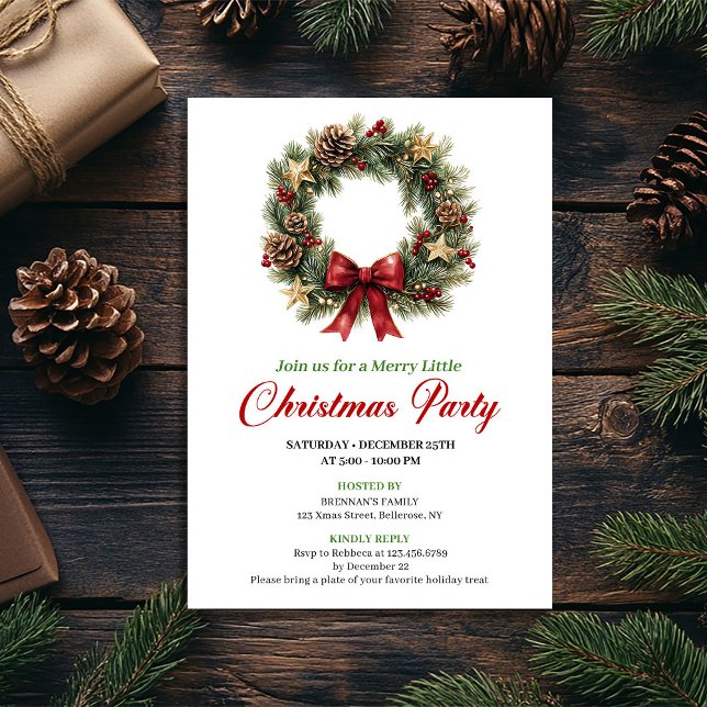 Convites Coroa de Natal de Pinheiro Moderna Festa de Natal  (Modern Pine Wreath Christmas Party Editable Invitation)