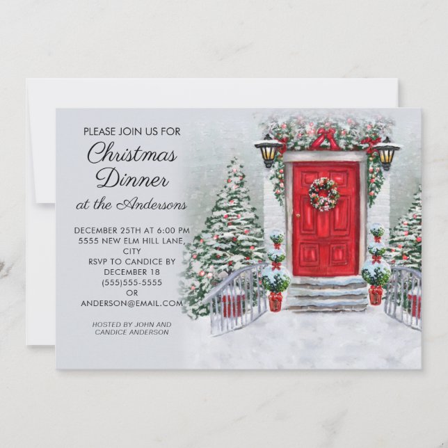 Convites Coroa de Natal de Porta Vermelha Vintage Antiga Ja (Frente)