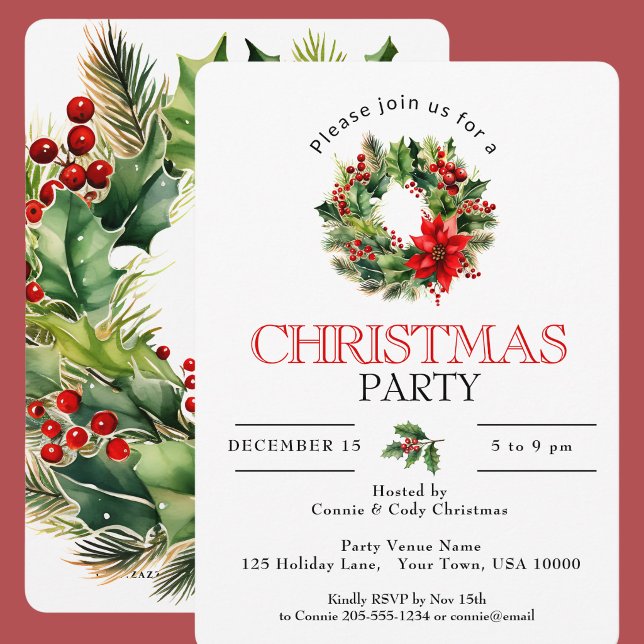 CONVITES COROA DE NATAL FESTIVA, FESTA DE NATAL (Christmas Party Invitation featuring a Wreath)