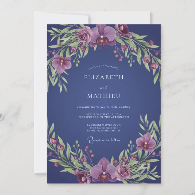 Convites Coroa de Orquídea Índigo Casamento (Frente)