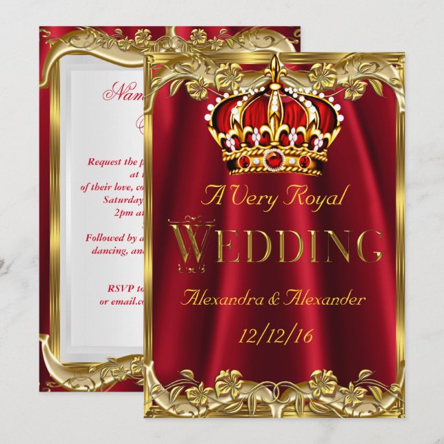 Convites Coroa de Ouro Casamento Vermelho Real (Frente/Verso)