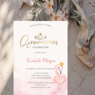 Convites Coroa de Ouro Pink Flamingos Quinceañera